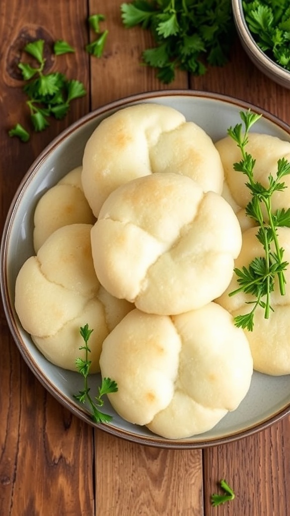 Fluffy cloud bread rounds on a plate with herbs, showcasing a gluten-free bread alternative.